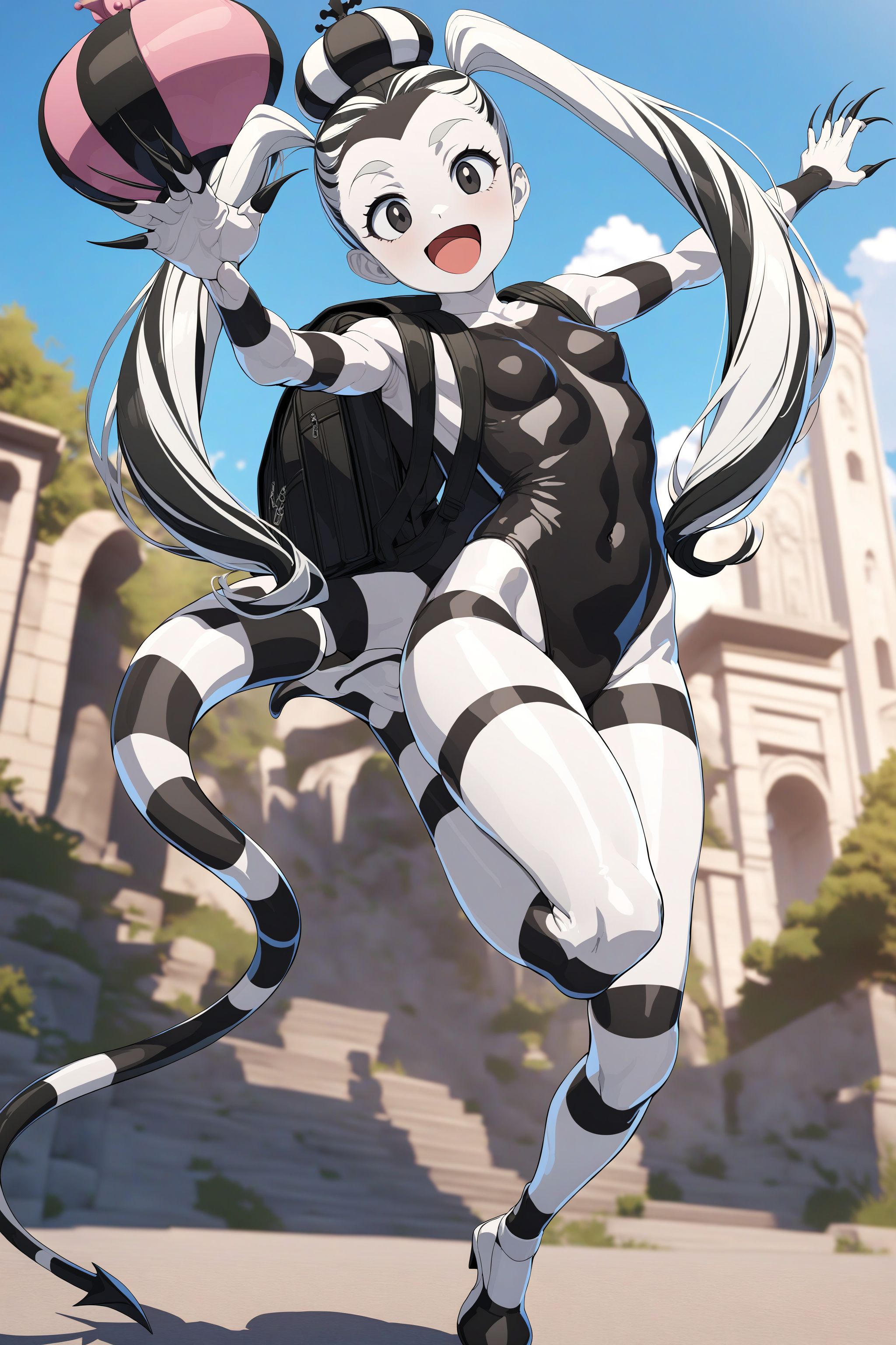 masterpiece, absurdres, high detail, 8k,
outdoors, blue sky, full body,
standing on one leg, arm up, outstretched arm, smile, :d,
, nymph, bodypaint, striped, crown, black_leotard, bodypaint, striped, backpack, claws, tail, heels
 <lora:XL_Animagine_MGCM-nymph-t1:0.9>