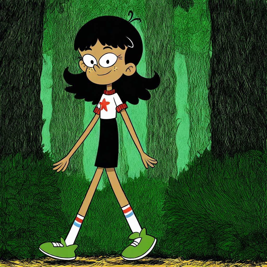 masterpiece, best quality, stella_lh, black hair, freckles, shirt, star_(symbol), skirt, walking, forest, looking at viewer, smile