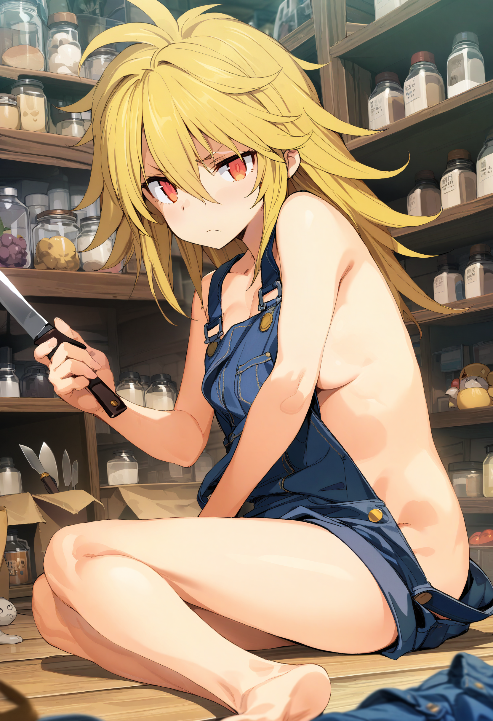 masterpiece,best quality,very aesthetic,absurdres,highres,<lora:Cool_Rance_PA:1>,1girl,from_side,blonde hair,messy hair,hair between eyes,red eyes,angry,frown,naked overalls,sitting,barefoot,holding knife,on ground,shop,