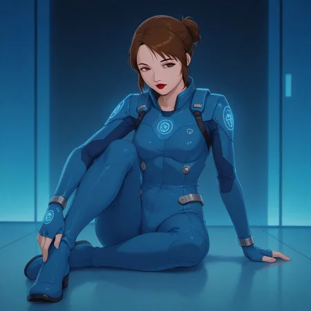 Miho,1girl,brown hair tied in a bun,red lips
Miho in a neon blue holographic futuristic tech suit. In the background a black futuristic technological world with neon blue and orange lights. Miho is sitting on the floor