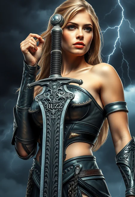 A close up of a beautiful woman holding an intricately decorated long sword with the word BUZZ engraved on the blade.
She is wearing shiny armor that accentuates her figure. The background shows menacing dark clouds with lightning bolts shooting down.