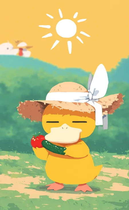 masterpiece, best quality, good quality, very awa, very aesthetic, absurdres, newest, toon (style),haku geroda style, psyduck, solo, hat, holding, ribbon, closed eyes, outdoors, food, blurry, pokemon \(creature\), no humans, blurry background, bird, holding food, hat ribbon, facing viewer, white ribbon, sun hat, straw hat, duck, tomato, vegetable, clothed pokemon, cucumber, holding vegetable,
simple background, haiz_ai, no lineart,no outline <lora:NOOB_vp1_detailer_by_volnovik_v1:0.35> <lora:noobai_ep11_stabilizer_v0.138_fp16:0.4> <lora:ponyv6_noobV1_2_adamW-000017:0.7> <lora:mengxuanliart:0.6> <lora:haiz_ai_illu:0.7>