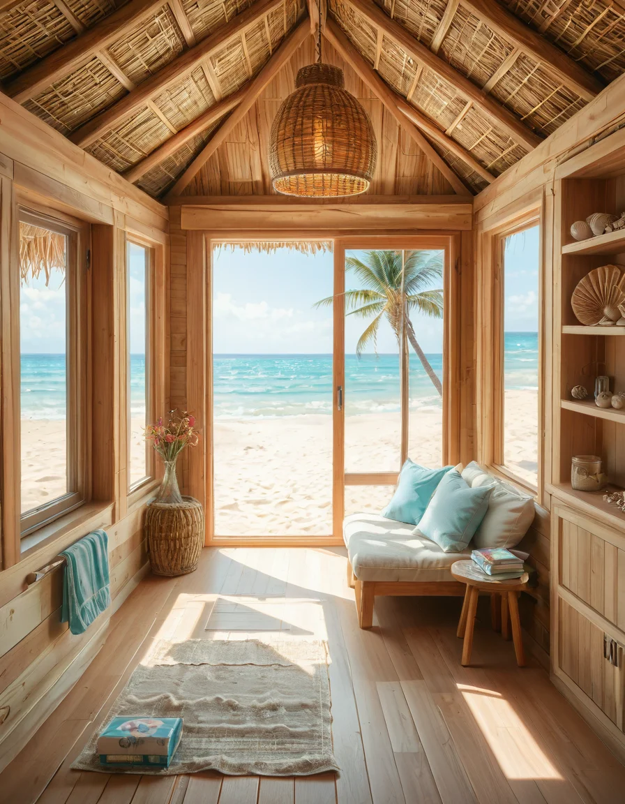 rating_safe,looking at viewer,focus on woman face,A woman wearing a sleek and modern diving swimsuit with dress, primarily designed in a combination of navy blue and turquoise tones with subtle black accents, is standing gracefully inside a cozy and charming beach hut,c0zy b34ch hut; the hut, made of light-colored wooden planks with a weathered, rustic finish, is warmly lit by natural sunlight streaming through its open windows and doorway, creating a relaxed and serene atmosphere. The woman, who appears confident and at ease, has slightly wet, wavy chestnut-brown hair that falls softly to her shoulders, subtly catching the light; her posture is upright yet casual, with one hand resting gently on the edge of the wooden frame of the hutâs doorway, while her other hand is placed lightly on her hip. The interior of the beach hut is adorned with small, homey details such as a straw mat on the wooden floor, a few neatly folded towels in pastel shades stacked in the corner, and a hanging seashell wind chime swaying gently in the breeze; through the open doorway, thereâs a faint glimpse of the golden sand and turquoise ocean waves in the background, adding to the tranquil coastal ambiance of the scene.<lora:SDXLFaeTastic2400:0.4> <lora:extremely_detailed:0.4> extremely detailed, <lora:c0zy_b34ch_hut:1>, Masterpiece,best quality,hi res,8k,hi res,8k,award winning,(sharp focus, intricate, highly detailed),