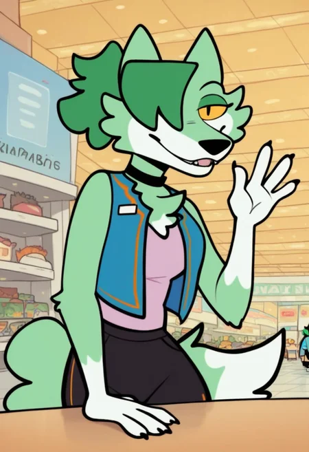nance_arcade, 1girl, female furry, anthro, canide, wolf, light green and white fur, animal ears, dark green hair (ponytail, hair over one eye), black eyes (yellow sclera), tufty chest, white paws, claws, green tufty tail with white fur on tip, black chocker, pink sleeveless shirt, blue toptie vest, black short pants, barefoot, score_9_up, score_8_up, score_7_up, looking at viewer, smiling, smug, waving at viewer, female focus, ultra detailed, detailed background, mall background, masterpiece, best quality, 8k, Expressiveh,
