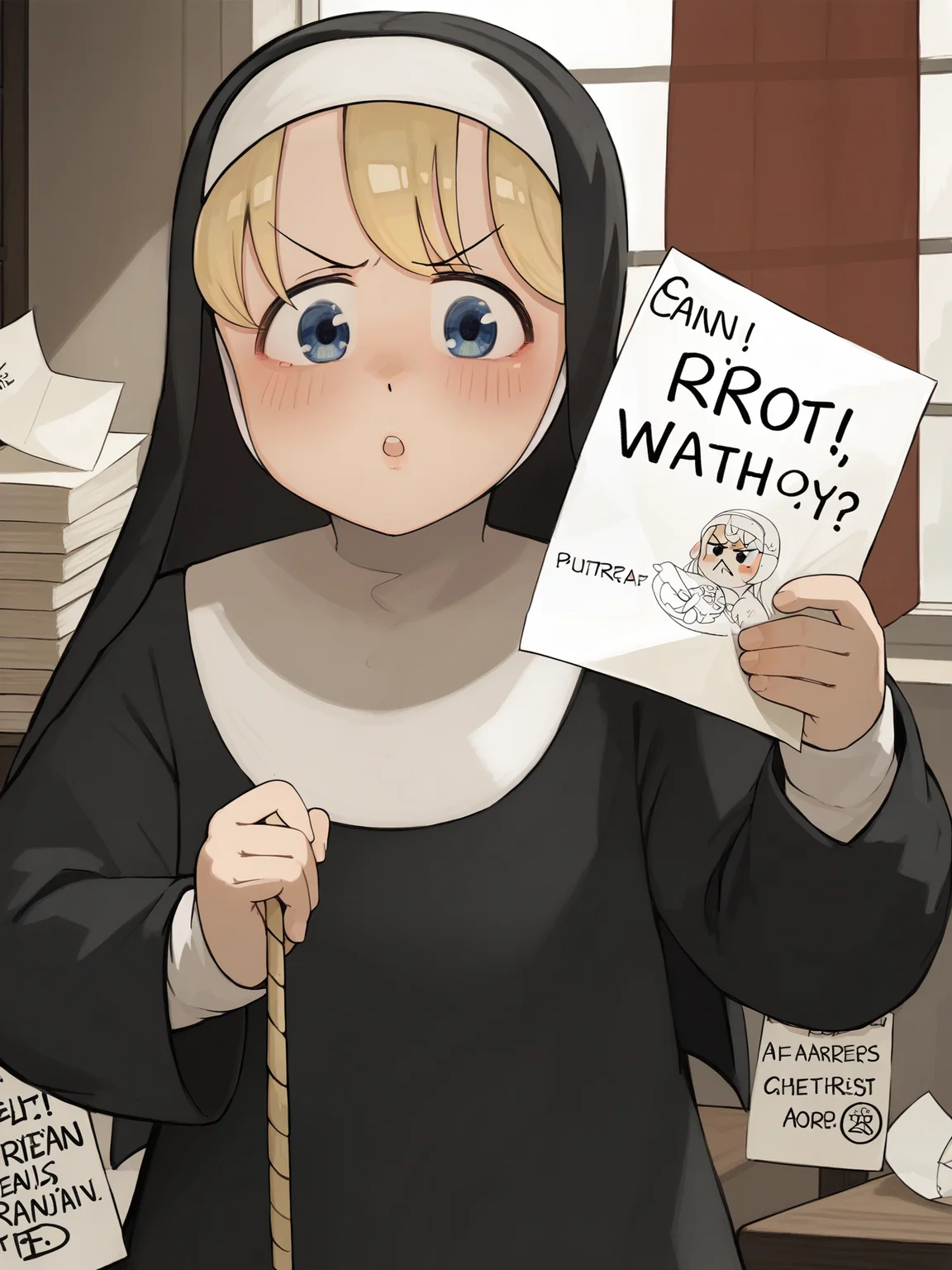 score_9, score_8_up, score_7_up, score_6_up, score_5_up,
blonde_hair, nun, window, holding, 1girl, virtual_youtuber, english_text, blue_eyes, habit, blush, indoors, holding_sign, solo, sign, looking_at_viewer, bangs, long_sleeves, american_flag, holding_paper, parted_lips, grey_eyes, curtains, veil, paper, upper_body, dress
<lora:Jolyne_1:1>