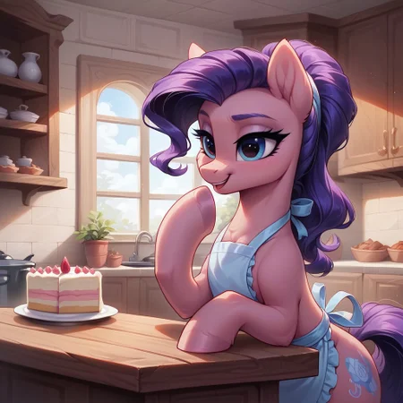 masterpiece, score_9, score_8_up, score_7_up, source_furry, (best quality:1.1), ultra-detailed, high resolution, solo, pony, mlp, feral, female, motherly, plump body, ((beautiful detailed eyes)), long eyelashes, purple eyebrows, doe tail, doe ears, cooking apron, full body, inside, in the kitchen, cake on the table, highly visible, sharp focus, perfect lighting, shiny, anatomically correct, extremely detailed, shine on body, high detail, sensual, Expressiveh, detailed background, zPDXL3, easynegative