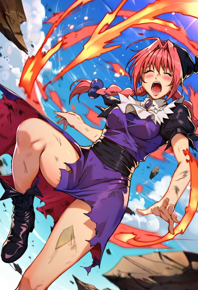score_9,score_8_up,score_7_up, <lora:dorothy>,doroshii,1girl,solo, pale skin,red eyes,long pink hair,bangs,two braided pigtails,black scrunchie,black cap with ball on end, dress with slit on left side up to hip,large bow on lower back,short puffed sleeves,tight around torso,shows breast shape,white collar,mail coach tie,black boots below knees,dark purple jewel on tie, outdoors,beach,soft clouds drifting,summer, vignetting,blurry background, torn clothes,facing aside,closed eyes,frown,open mouth,teeth,blush,pained look, full body,left foot out of frame,being attacked,(lower half of breasts exposed:1.1),tattered fabric particles debris disintegration effect,injury,from below,