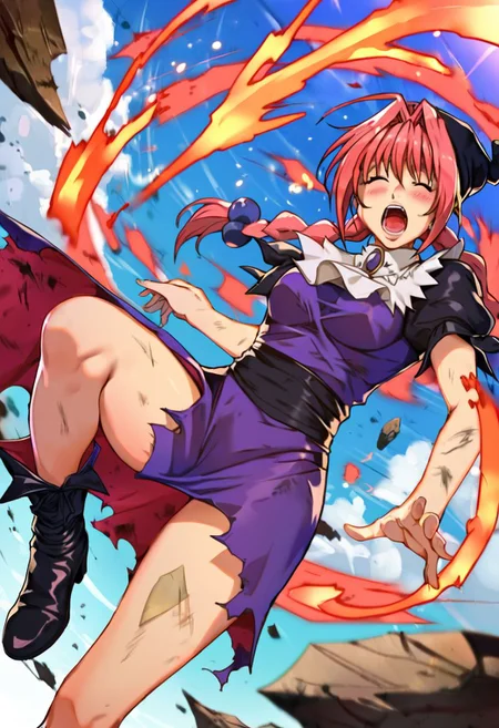score_9,score_8_up,score_7_up, <lora:dorothy>,doroshii,1girl,solo, pale skin,red eyes,long pink hair,bangs,two braided pigtails,black scrunchie,black cap with ball on end, dress with slit on left side up to hip,large bow on lower back,short puffed sleeves,tight around torso,shows breast shape,white collar,mail coach tie,black boots below knees,dark purple jewel on tie, outdoors,beach,soft clouds drifting,summer, vignetting,blurry background, torn clothes,facing aside,closed eyes,frown,open mouth,teeth,blush,pained look, full body,left foot out of frame,being attacked,(lower half of breasts exposed:1.1),tattered fabric particles debris disintegration effect,injury,from below,