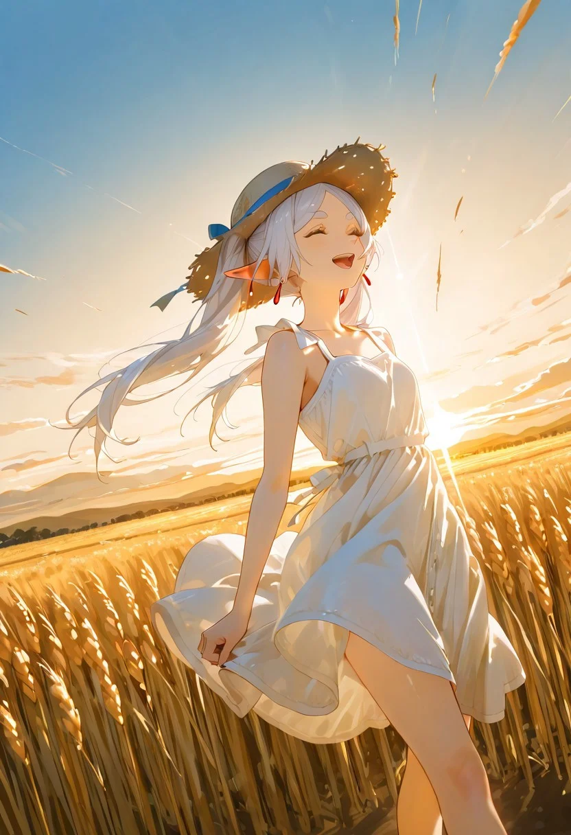 ((dynamic angle:2.5)), ,
, 1girl (frieren), ,
white dress, straw hat, A young girl running through a golden wheat field at sunset, laughing as the wind carries her forward. The golden stalks bend in waves, and a faint spirit of the wind dances beside her, visible only as a shimmer. The scene glows with warmth and freedom,
,
, score_9, score_8_up, score_7_up, source_anime,