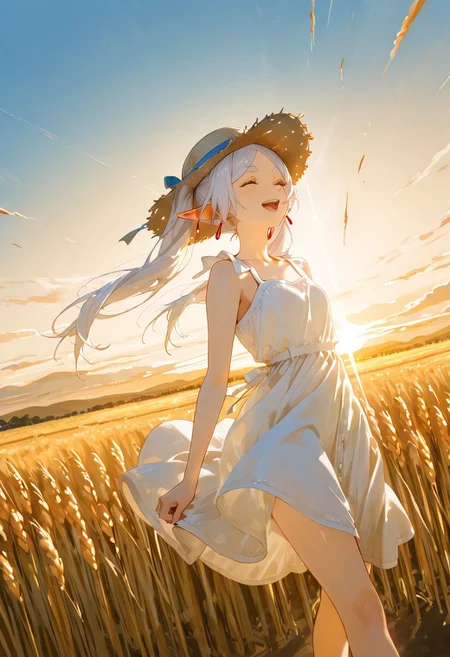 ((dynamic angle:2.5)), , 
, 1girl (frieren), ,
white dress, straw hat, A young girl running through a golden wheat field at sunset, laughing as the wind carries her forward. The golden stalks bend in waves, and a faint spirit of the wind dances beside her, visible only as a shimmer. The scene glows with warmth and freedom,
,
, score_9, score_8_up, score_7_up, source_anime,