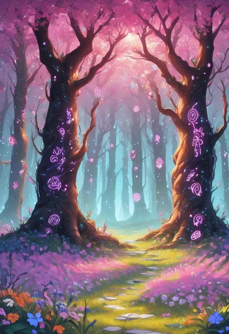 Glowing runes, a cartoon painting landscape, beautiful tree with glowing runes all over it, forest background, flowers