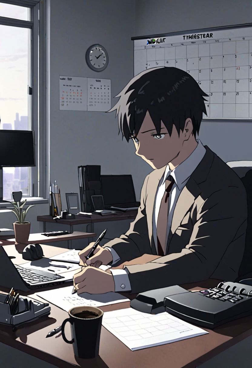 Highres, Masterpiece, High Quality, 4K, 8K, solo, 1Boy, Takaki Toono, adult, black hair, short hair, worker, working, office space, office desk, white wall, carpet floor, office chair, sitting, concentration, focus, think, fidget, pen, notepad, laptop, coffee, water bottle, document, calendar, calculator, wall clock, easynegative, detailed_eye_model