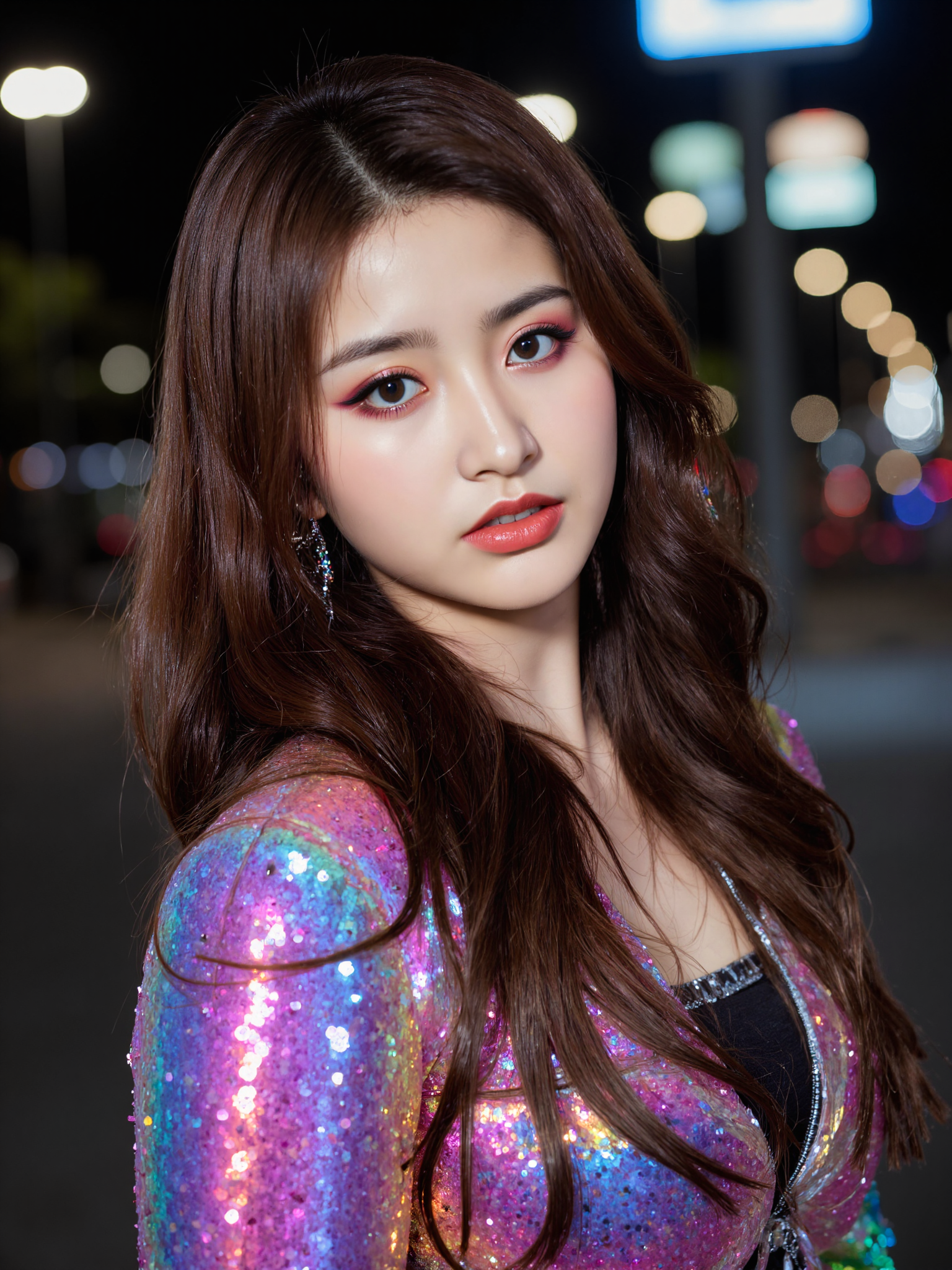 This is a high-resolution photograph of a young Asian woman with a fair complexion, posing outdoors at night. She has long, wavy, dark brown hair that cascades over her shoulders. Her makeup is striking, featuring bold, bright pink eyeshadow, thick black eyeliner, and red lipstick, which contrasts with her pale skin. She wears a shimmering, iridescent sequin jacket in hues of pink, blue, and purple, adding a vibrant touch to the image. The lighting is soft but focused, highlighting her face and upper body, while the background is dark and slightly blurred, creating a bokeh effect. The camera angle is slightly low, looking up at her, which adds a sense of intimacy and focus on her facial expression. The composition follows the rule of thirds, with her face and upper body positioned in the right third of the frame, drawing attention to her expressive eyes and lips. The overall mood of the image is glamorous and confident.