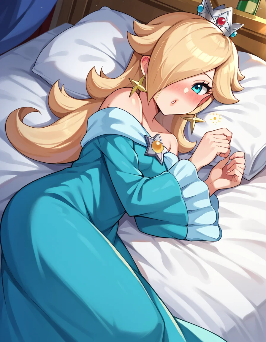 score_9, score_8_up, score_7_up, source_anime,
rosalina, <lora:princess-rosalina-ponyxl-lora-nochekaiser:1>,
rosalina, blonde hair, blue eyes, hair over one eye, long hair,
blue dress, crown, dress, earrings, jewelry, princess, robe, star earrings,
indoors, bed, bed room, on side, blush, drunk,
looking at viewer, dutch angle, cowboy shot,