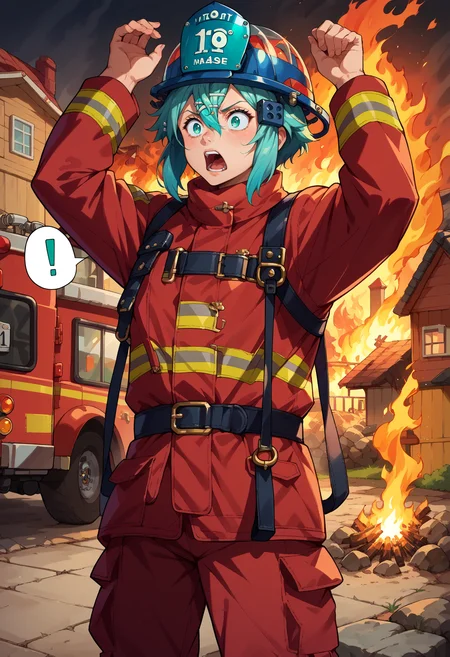 score_9, score_8_up,score_7_up, source_anime, 1girl, <lora:EPsoaSinonPony-04:1.0>, EPsoaSinon, short hair, aqua hair, detailed jewel-like eyes, hair between eyes, hair ornament, hairclip, sidelocks, EPFireFighter, <lora:EPFireFighterPony:1.0>, wearing EPFireFighter, jacket, red jacket, pants, red pants, helmet, blue headwear, harness, oxygen tank, standing, ground vehicle, motor vehicle, fire truck, house, burning, burning house, arms up, panicking, spoken exclamation mark, open mouth, screaming,