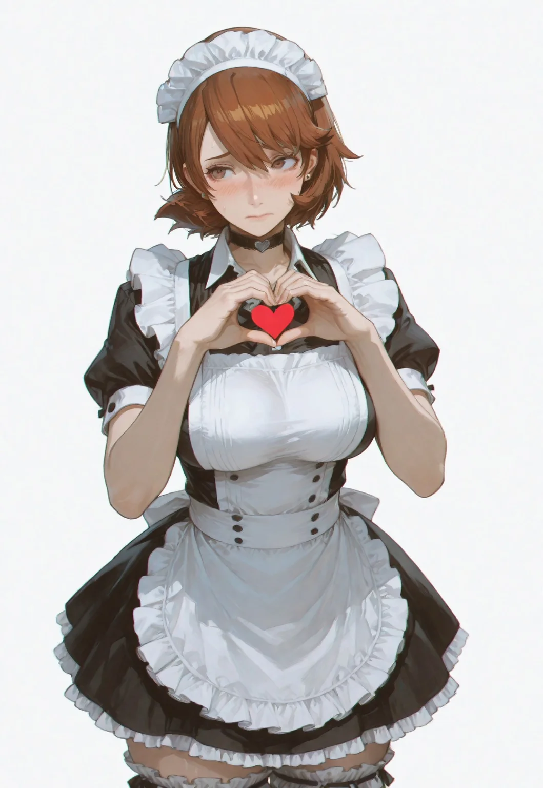 masterpiece,best quality,amazing quality, absurdres, volumetric lighting, chromatic aberration, 4k, intricate details,
1girl, solo, slender curvy body, (large breasts), p3yukari, yukari takeba, short hair, light brown hair, earrings, choker, brown eyes, p3yukari-maid, black dress, main apron, short sleeves, buttons, point collar, maid headdress, apron, white thighhighs, frilled thighhighs, zettai ryouiki, sexy pose, making a heart with hands, looking away viewer, standing, cowboy shot, embarrassed, blush, plain white background, ((celshaded, lineart)), cannedmos, 69yottea_style_illu, 7481llu, ,