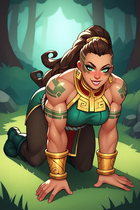 score_9, score_8_up, score_7_up, score_6_up, BREAK, IllaoiLoLXL, dark skin, colored skin, facial tattoo, tattoo, green eyes, brown hair, long hair, hair pulled back, dreadlocks, ponytail, hair ornament, earrings, muscular female, medium breasts, gold armor, bare shoulders, green dress, bracelet, (red skirt), belt rope, brown pants, black boots, solo, full body, all fours, seductive smile, looking at viewer, naughty face, nose blush, forest <lora:IllaoiLoLXL:0.9>