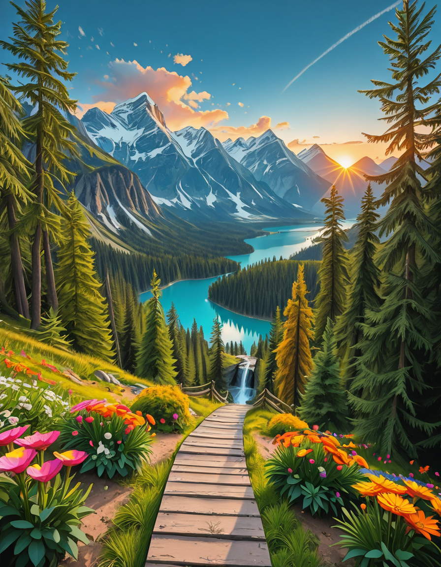 A breathtaking, high-resolution photograph of the most beautiful place on Earth, where natureâs wonders blend in perfect harmony. Towering, snow-capped mountains rise majestically in the background, their peaks glowing under the golden hues of a setting sun. Below, a crystal-clear turquoise lake reflects the colors of the sky, surrounded by lush, green forests filled with ancient trees, vibrant wildflowers, and cascading waterfalls. A soft mist rises from the valley, adding a dreamlike quality to the scene. In the distance, rolling meadows stretch toward the horizon, dotted with colorful flowers and serene wildlifeâgraceful deer grazing, birds soaring in the sky, and butterflies dancing in the breeze. A wooden footpath winds through the landscape, leading to a secluded, tranquil spot where the beauty of nature can be fully admired. The air is crisp and filled with the soothing sounds of rustling leaves, flowing water, and distant birdsong. The sky above is a masterpiece of colorsâdeep oranges, purples, and pinks blending seamlessly as the sun sets, casting a magical glow over this untouched paradise. The atmosphere is peaceful, awe-inspiring, and filled with a deep sense of wonder and tranquility, as if stepping into a perfect dream.
<lora:SDXLFaeTastic2400:0.4> <lora:extremely_detailed:0.4> extremely detailed,Earth P4r4d1s3, <lora:Earth_P4r4d1s3-i:1>, Masterpiece,best quality,hi res,8k,hi res,8k,award winning,(sharp focus, intricate, highly detailed),