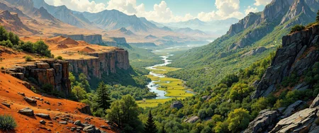 Sweeping aerial view capturing a fusion of diverse natural biomes: arid desert dunes, lush verdant forests, towering mountain ridges, rugged coastal cliffs, and serene valley vistas. Intricate textures, vibrant gradients, and natural harmonies in golden sunlight and emerald shadows. Detailed close-ups of dewdrop-laden petals, weathered rock surfaces, and dynamic water ripples juxtaposed with expansive, immersive low-angle compositions. Atmospheric ambiance, soft diffused light, and spatial composition rendered in 8k clarity; masterpiece quality, hyperrealistic, intricate detailing, and vivid color palettes. A blend of eye-level realism, dramatic tracking perspectives, and sweeping aerial majesty, evoking organic tranquility and elemental beauty across Earth's varied terrains. <lora:sxz-Dark-Fantasy-v2-Flux:0.7> <lora:Illustration concept V1:0.1> <lora:Dark_Gothic_Comic_style_v.2:0.2> <lora:FluxMythP0rtr4itStyle:0.2> <lora:Illustration_Style_IV:0.4> <lora:flux_dev:1>