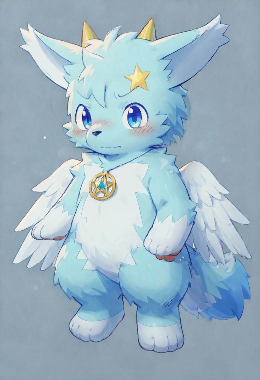 dkg, score_9, zPDXL3, stella (hitsuji umino), 1boy, furry, solo, blue theme, full body, blushing, renpychargen, simple background
