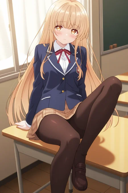 (school uniform brown mini skirt pantyhose blue blazer red ribbon white shirt loafers:1.50), 
an-mahiru, yellow eyes, blonde hair, sidelocks, 
medium breasts, 1girl, solo, skinny,
(masterpiece, best quality, absurdres, high quality, highres, anime, anime style), 
BREAK,
(blush:1.10),
BREAK,
(indoors:1.10),
BREAK,
(:1.20),
BREAK,
(feet:1.40),
(long hair:1.20)
<lora:an-mahiru-V01-illXL-000002:1.00>