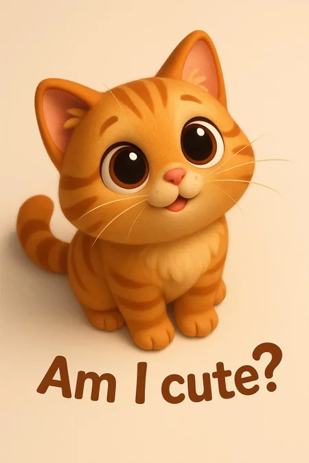 please create me a cuteness overload high angle image of a cat looking sweetly from bottom to top - in a cartoon inspired 3d style - with the text: am I cute?