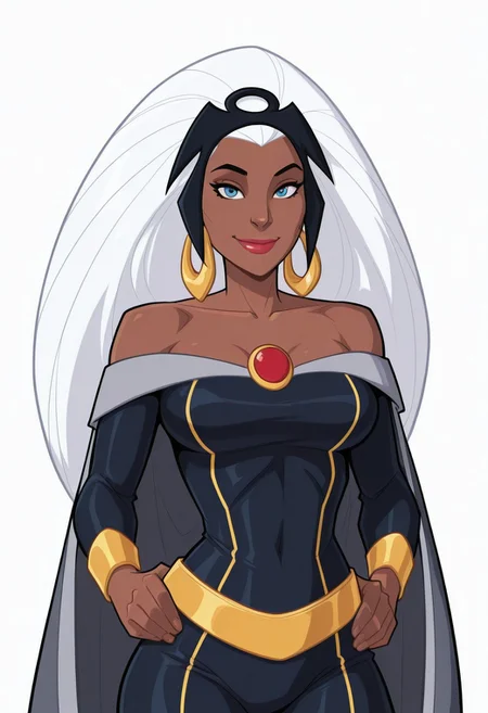 White background, simple background, solid color background, 2d, medium breasts, narrow waist, wide hips,
 1girl, solo, Marvel, Ororo Munroe, dark-skinned female, dark skin, ebony, ebony female, white hair, long hair, big hair, black tiara, headgear, blue eyes, hoop earrings, gold earrings, lipstick, collarbone, off shoulders, bare shoulders, pendent, grey cape, dark blue bodysuit, yellow trim, yellow belt, gold bracers, bare hands, 
Upper body, looking at viewer, hands on hips, smile, close mouth, thighs, yellow trim