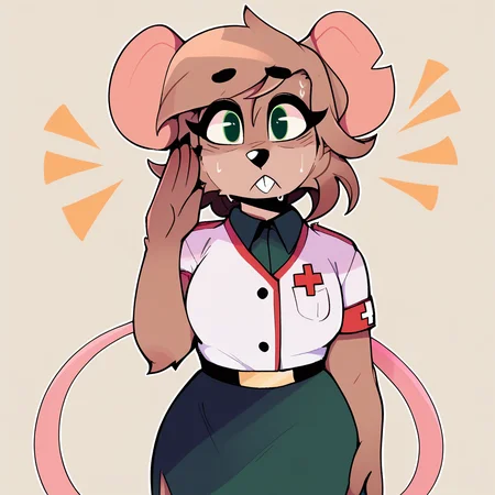score_9_up, score_8_up, score_7_up, score_6_up, furry female, half-length portrait, by remanedur, diana engel, mouse, (green eyes), light brown hair, tail, light brown fur, high heels, medic, (salute), gesture, looking at viewer, green skirt, uniform, (short hair), standing, solo, three-quarter view, simple background, frown, head tilt, sweat, wide eyed, <lora:Leah_Pines(AIM)_XL_v1:1>, <lora:PDXL_artist_tags_v2_big:0.8> <lora:The-Minuscule-Task_PDXL_v1.0:0.8> <lora:Diana_Engel_WirelessShiba:0.35>