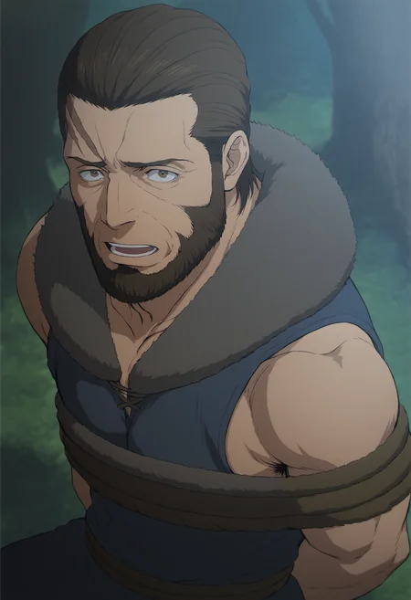 1boy, bandit_SkeletonKnight,  scars on face, beard, brown hair, brown eyes, veiny arms, score_8_up, score_7_up, score_6_up, score_9_up, a muscular man sitting on the ground at forest, fantasy, ancient ,medieval, fur collar, (manly),sleeveless shirt, hairy, face_focus, middle-age man, muscular, centered,looking at viewer,  detailed eyes, 8k uhd, high quality, bare arms, armpit_hair, sad, from above, ((arms behind body)), rope, open mouth, talk,