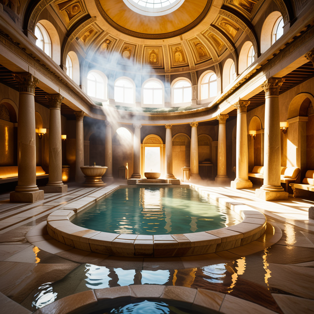 A highly detailed and realistic photograph of an ancient Roman sauna (thermae) from the time of Caesar, featuring grand marble architecture with intricate carvings and columns. The central bath is filled with steaming water, surrounded by polished marble tiles and mosaics depicting mythological scenes. The room is illuminated by natural light streaming through small openings in the high, domed ceiling, creating soft shadows and reflections on the water's surface. The atmosphere is hazy from the steam, and a few individuals dressed in Roman togas and tunics can be seen reclining on benches or chatting near the bath. The overall color palette includes shades of white, gold, and earthy tones, emphasizing the luxurious and serene environment.<lora:SDXLFaeTastic2400:0.4> <lora:extremely_detailed:0.4> extremely detailed, Masterpiece,best quality,hi res,8k,hi res,8k,award winning,(sharp focus, intricate, highly detailed),