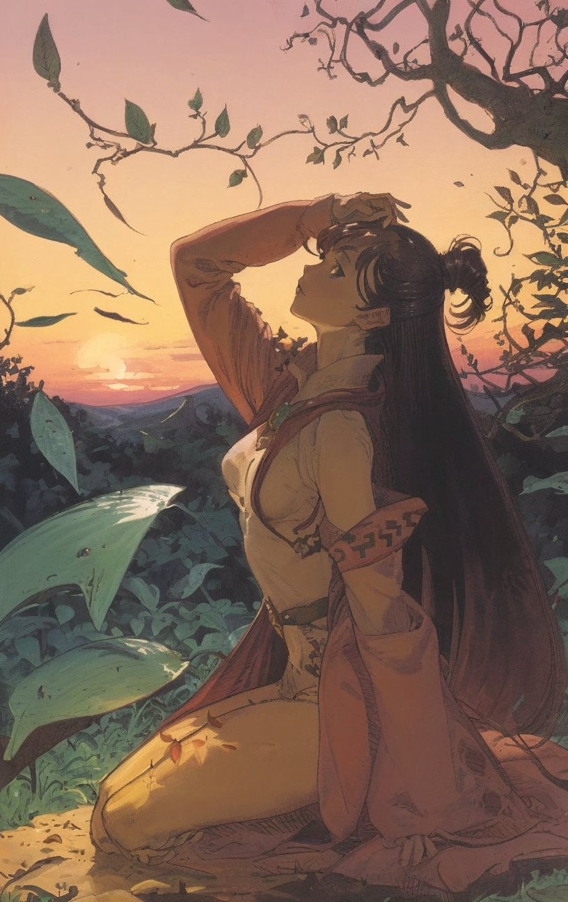 artwork <lora:Moebius:1>, outdoor at dusk, 1woman 45yo (Indiana Cumberlege:1.3), Comb Over hair do a love, dream world, blackwater,falling leaf,fen