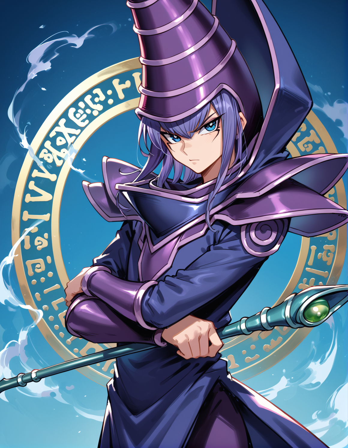 (score_9:0.9),score_8_up,score_7_up,rating_safe,(zPDXL),(zPDXL3),<lora:Dark Magician ponyXL v1.2:0.72>,dark magician,solo,1boy,male focus,blue eyes,purple wizard hat,staff,serious,purple hair,crossed arms,looking at viewer,purple wizard clothes,magic circle,holding staff,blue background,