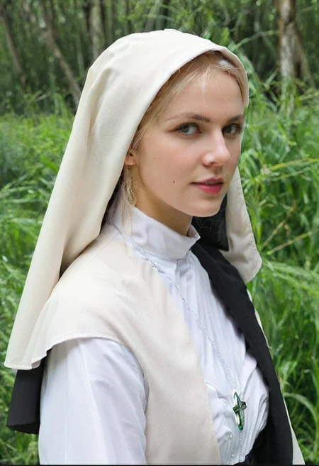 portrait, Detailed face, Woman wearing nun outfit in nature, 35 years old