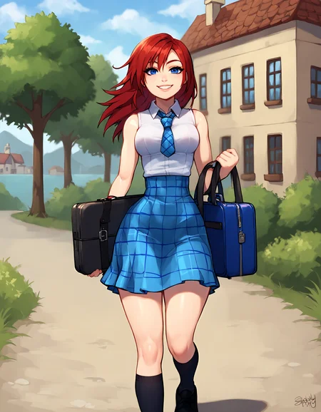 score_9, score_8_up, 1girl, solo, blushyspicy, outdoors, island, town, black kneesocks, black dress shoes, walking, holding briefcase, blurred background, dof, wide hips, narrow waist, kh2kairi, long hair, red hair, blue eyes, looking at viewer, smile, white shirt, sleeveless, blue plaid tie, blue plaid skirt <lora:BlushySDXL:1> <lora:KairiSDXL:1>