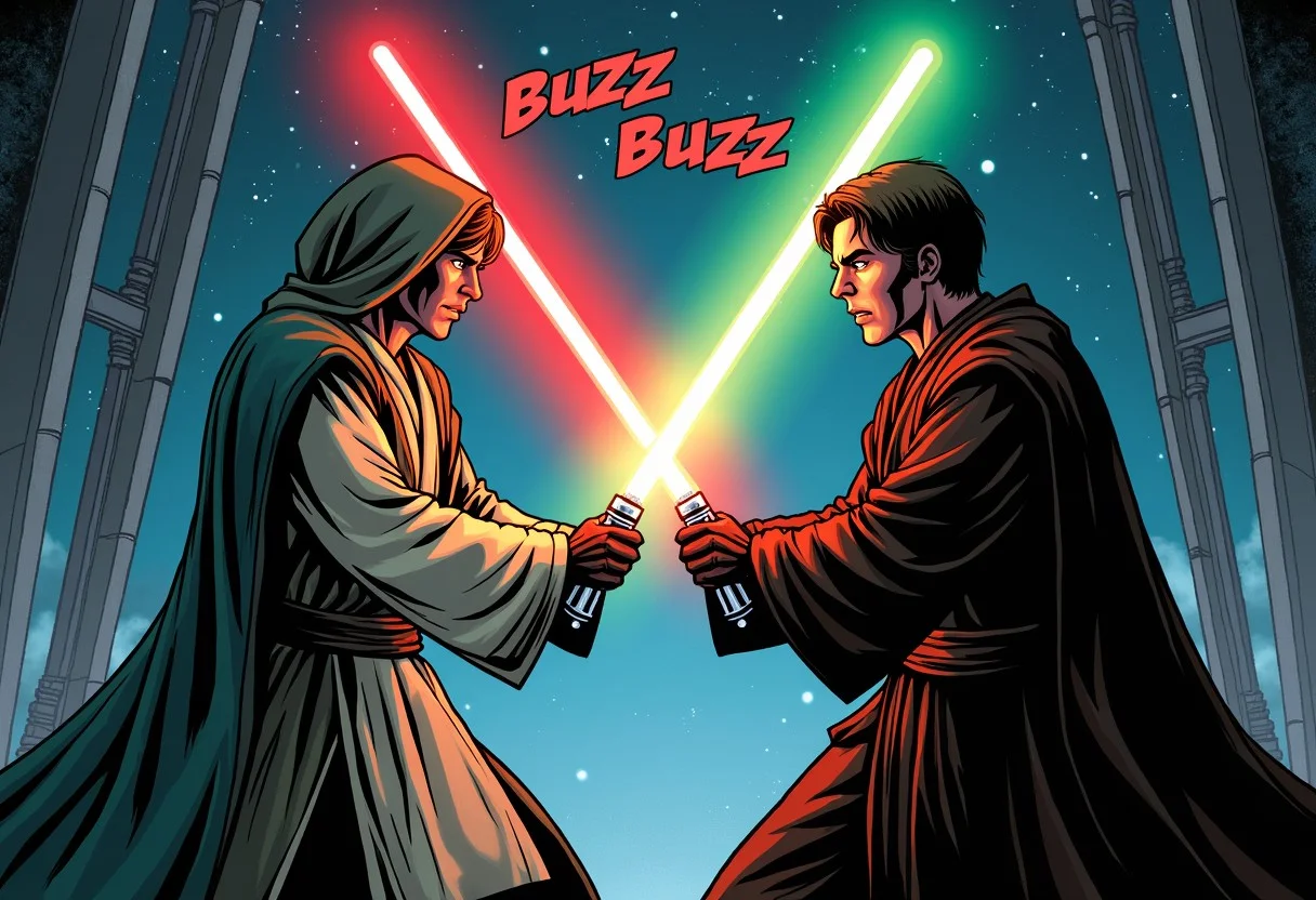 a comic book-style picture, two Jedi crossed red and green lightsabers in a duel, the sound effects with text "buzz" "buzz" above the lightsabers, space station background