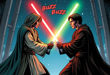 a comic book-style picture, two Jedi crossed red and green lightsabers in a duel, the sound effects with text "buzz" "buzz" above the lightsabers, space station background