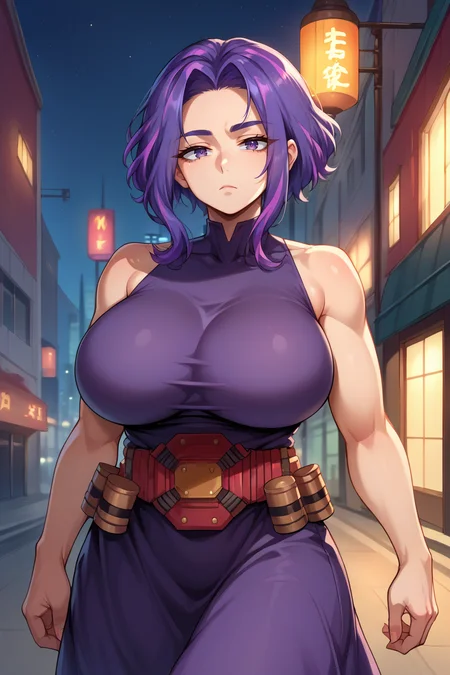 score_9, score_8_up, score_7_up, score_6_up, source_anime, BREAK 1girl, solo, <lora:ladynagant-pdxl-nvwls-v1-000005:1> ladynagant, purple hair, streaked hair, short hair, purple eyes, purple dress, belt, sleeveless, (huge breasts:0.7), looking at you, expressionless, night, city