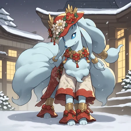 score_9, score_8_up, score_7_up, alolatales, long hair, multicolored skin, blue sclera, pokemon \(creature\), (solo), full body, looking at viewer, snow, sunny, snowing, smile, flowers, nature, japanese temple, (clothed pokemon), bracelets, anklets, hat, <lora:cefaa866-a58e-40ba-a219-79ab392f7d60:1.0>, <lora:e53e491a-5fdc-4e89-a631-132e968604de:0.9>