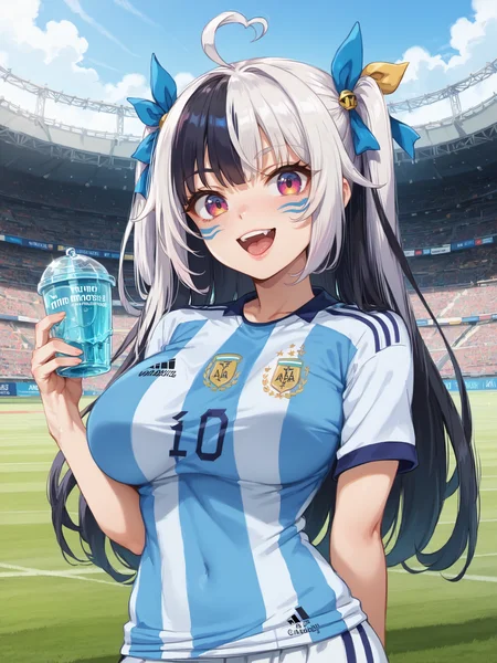 score_9, score_8_up, score_7_up, rating_safe, BREAK zPDXL2, zPDXLxxx, source_anime, masterpiece, <lora:neocoill-guy-PONYv1:1>, <lora:ArgentinaCampeona:1>,
Argentina, ArgentinaCampeona, ArgentinaCampeon, 1girl, solo, long hair, breasts, looking at viewer, smile, open mouth, bangs, large breasts, shirt, black hair, red eyes, white background, ribbon, holding, hair ribbon, ahoge, white hair, heart, multicolored hair, striped, two-tone hair, cup, streaked hair, sportswear, facepaint, split-color hair, heart ahoge, soccer uniform, soccer