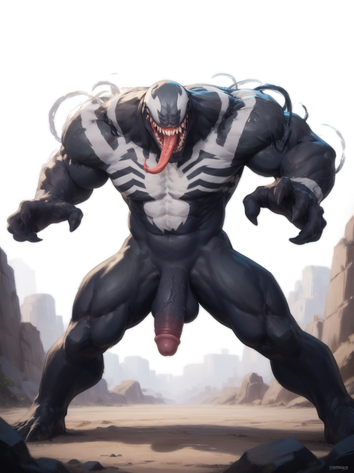 core_9_up,score_8_up,score_7_up,<lora:OtherStyle_08-Merge5_06_04_02_02:1>,<lora:Venom-000010:0.8>,venom \\(marvel\\),solo,1boy,monster,monster boy,another,(tall:1.2),plump,glamor,penis,testicles,fighting_stance,panorama,looking_at_viewer,