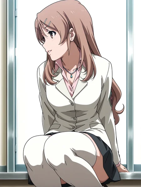 masterpiece,best quality,newest,
1girl,solo,
anime screencap,<lora:sakurai_yukino_ilxl_v1.0:1>,brown hair,brown eyes,long hair,
y_clothes,necklace,uniform,white jacket,shirt,black skirt,white_thighhighs,loafers,
<lora:Fixhands_anime_bdsqlsz_V1:1>,upper_body,sideways_glance,looking_at_viewer,white_background,simple_background,profile,smile,parted lips,