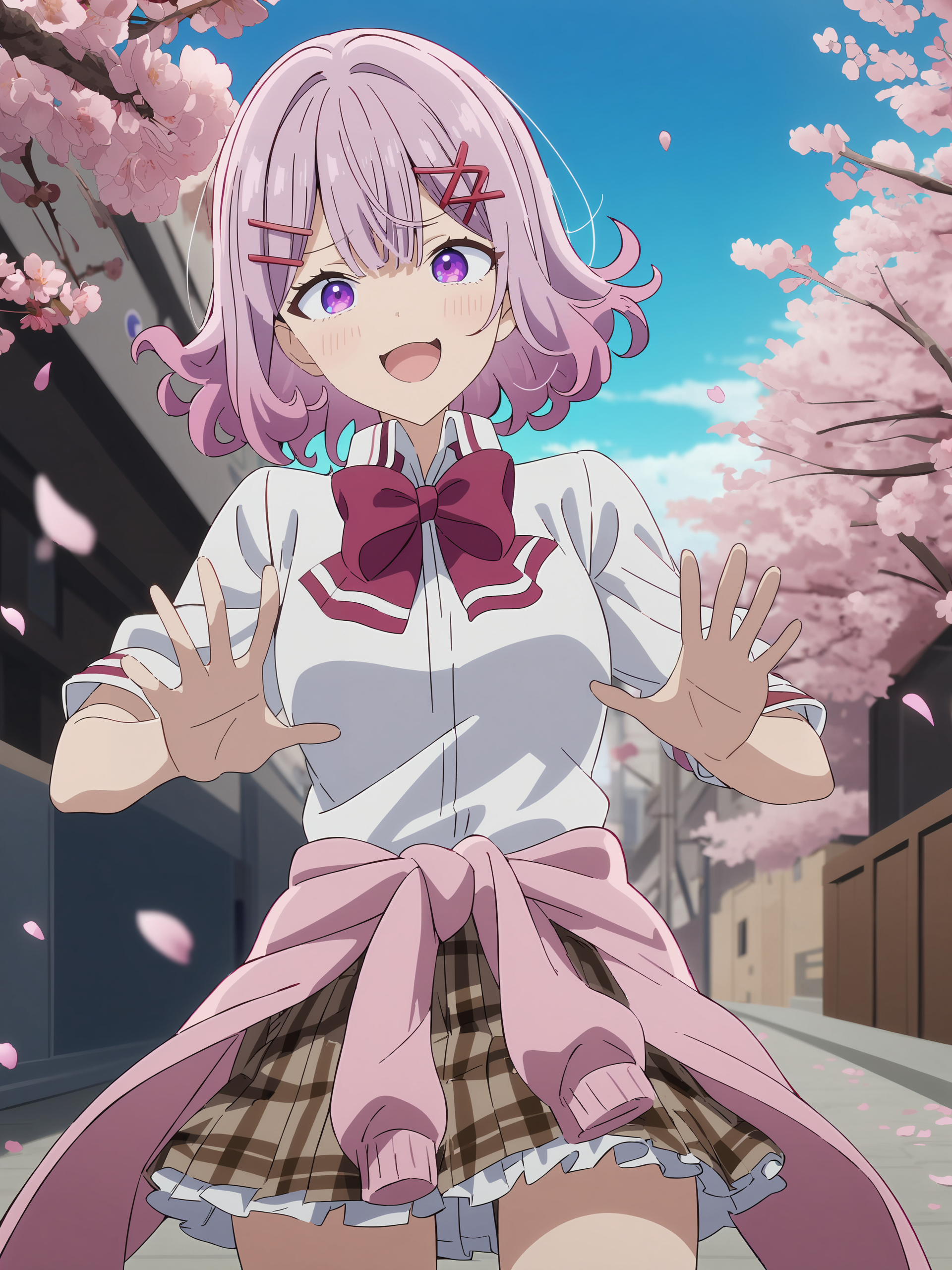 1girl, amaori renako, solo, purple eyes, hairclip, school uniform, pleated skirt, plaid skirt, white collared shirt, red bowtie, clothes around waist, looking at viewer, smug, open mouth, naughty face, ojou-sama pose, standing, cowboy shot, outdoors, street, cherry blossoms, petals, depth of field <lora:Char-Amaori_Renako-V1-SDXL:0.9>, anime screenshot, incredibly absurdres, ultra detailed, masterpiece, best quality, perfect features, intricate details, ray tracing, very aesthetic, [<lora:XL-detailed_notrigger:0.95>::0.5], [:<lora:XL-aesthetic_anime:0.6>:0.3]