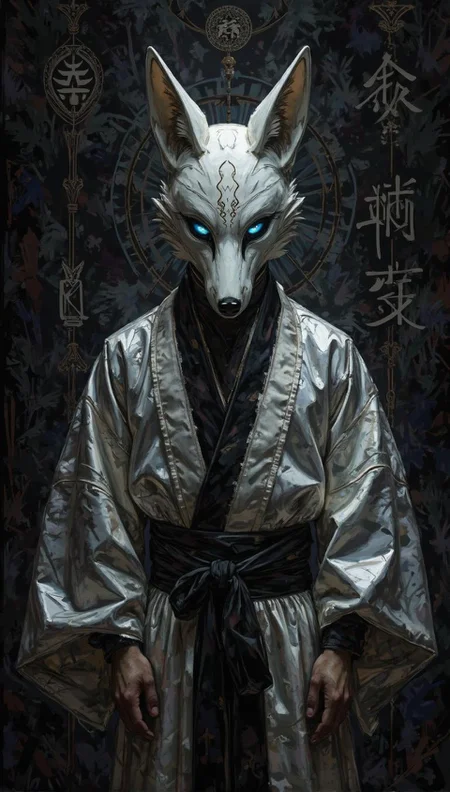 <lora:ck-Ivan-Beslic-Art-Style-000019.safetensors:1> A highly detailed and vibrant digital painting in the style of ck-ib
In a visually striking and highly stylized composition, the mysterious figure stands out against a predominantly black-and-white backdrop, the scene drenched in monochrome realism with surreal accents. The figure's face is obscured by an exquisite fox mask, meticulously crafted with prominent, pointy ears and intricate patterns adorning the forehead. The mask, predominantly white, exudes a radiant luminescence, while the dark, piercing eye slits, glowing subtly with a singular, ethereal blue, add to the figure's enigmatic presence.
The figure is draped in a flowing robe of light silver, the fabric reminiscent of polished, silky metal. The robe's broad sleeves and elegant drape suggest freedom and fluidity, while the black obi cinching the waist introduces a stark contrast to the otherwise monochrome ensemble. The glossiness of the mask and the metallic sheen of the fabric stand out against the matte backdrop, creating a dramatic interplay of light and shadow.
The background is a deep, shadowy expanse, with the lighting expertly managed to highlight the contours of the mask and the sheen of the fabric. Cryptic patterns and symbols, rendered in Gothic or arcane script, are seamlessly integrated into the design, enhancing the mystery and esoteric appeal. The high-definition focus captures every intricate detail, from the smooth, porcelain-like texture of the mask to the fine weave of the robe.
The mood is contemplative and otherworldly, the figure standing upright with hands down by the sides, exuding a calm yet commanding presence. The blend of traditional and contemporary elements, from the fox mask to the robe's texture, invites viewers to interpret the story behind the character, perhaps as a guardian spirit or a mythical creature brought to life through visual art.