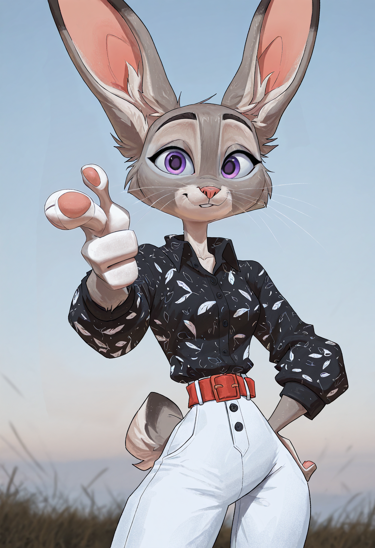 mul3arts, 1girl, furry female, solo, judy hopps, rabbit, finger gun, pointing at viewer, black shirt, buttons, white feather patterns on the shirt, high waist pants, white pants, red belt, portrait, surrealistic background,(masterpiece), best quality, newest, highres