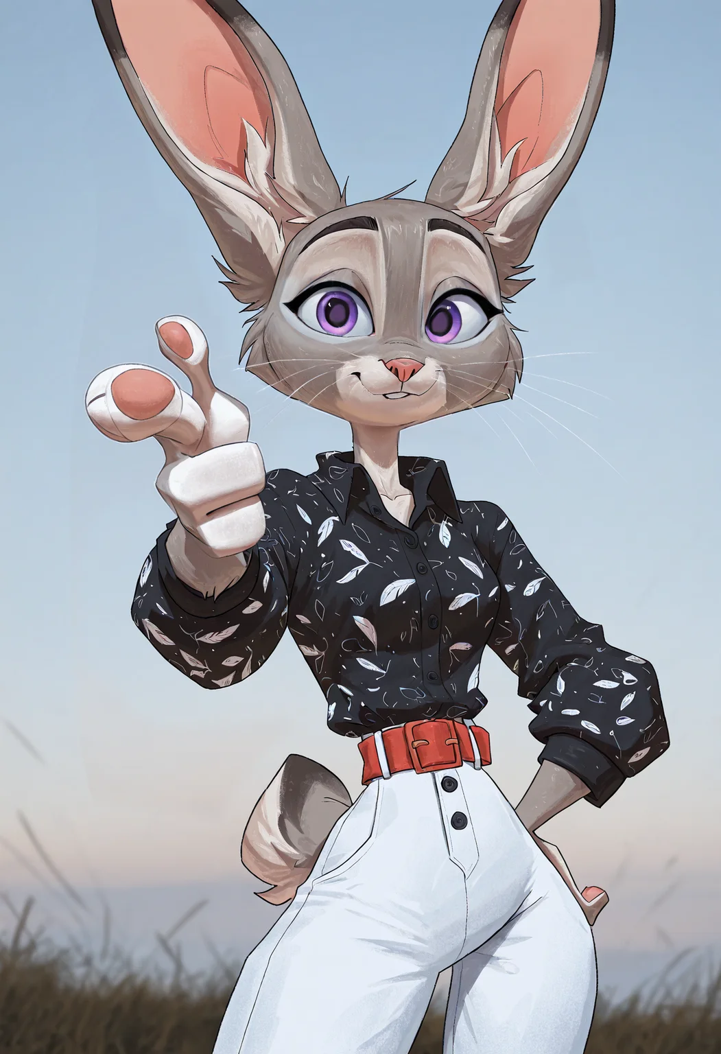 mul3arts, 1girl, furry female, solo, judy hopps, rabbit, finger gun, pointing at viewer, black shirt, buttons, white feather patterns on the shirt, high waist pants, white pants, red belt, portrait, surrealistic background,(masterpiece), best quality, newest, highres