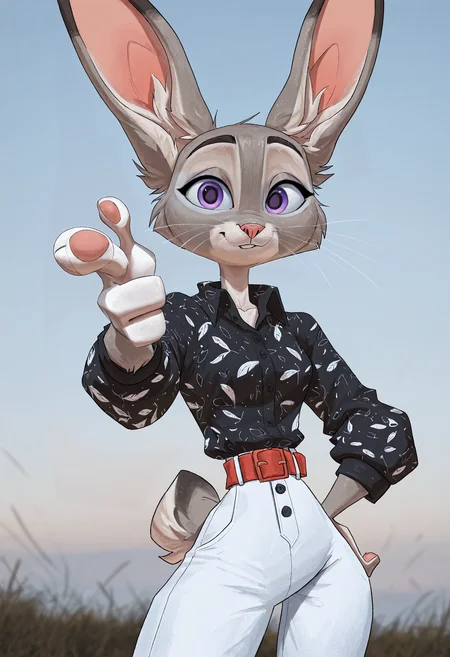 mul3arts, 1girl, furry female, solo, judy hopps, rabbit, finger gun, pointing at viewer, black shirt, buttons, white feather patterns on the shirt, high waist pants, white pants, red belt, portrait, surrealistic background,(masterpiece), best quality, newest, highres