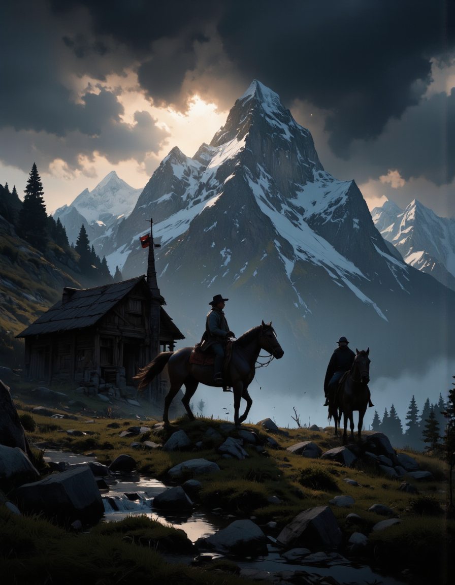 A highly detailed cinematic photography. Epic shot of san martin en su caballo cruzando la cordillera de los andes, epic extreme long shot, dark mood and strong backlighting, volumetric lights, smoke volutes, art station HQ, unreal engine, octane renderer, HQ, 8K.
