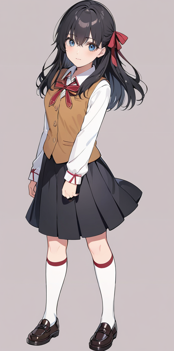 masterpiece,ultra-detailed,best quality,8K,illustration,cute face,clean skin ,shiny hair,girl,ultra-detailed-eyes,simple background, <lora:add-detail-xl:1> <lora:homurahara academy school uniform_XL_V1.0:1> homurahara academy school uniform, red ribbon, vest, skirt,socks ,shoes