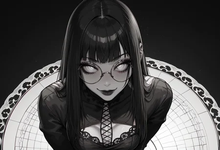score_9, score_8_up, score_7_up, score_6_up, aeliond , 1girl, long hair, black hair, bangs, white eyes, meduim breasts, slim, pale skin, big round eyeglasses, clear eyeglasses lenses, nice round ass, black lipgloss, HD32k, gothic dress,) ((black-white) dress), dark attire, laces, dark creepy background, posing,, high angle view, face closeup, seductive smile, closed mouth
