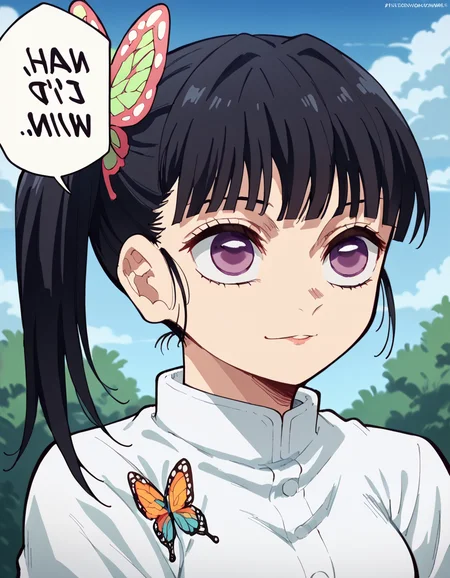 score_9, score_8_up, score_7_up, source_anime, <lora:kanao-tsuyuri-anime-ponyxl-lora-nochekaiser:1>, kanao tsuyuri, black hair, butterfly, butterfly hair ornament, purple eyes, side ponytail, ponytail, medium breasts, <lora:nah-id-win-ponyxl-lora-nochekaiser:1> nah id win, nah i'd win (meme), english text, speech bubble, meme, talking, straight-on, portrait, , ,
